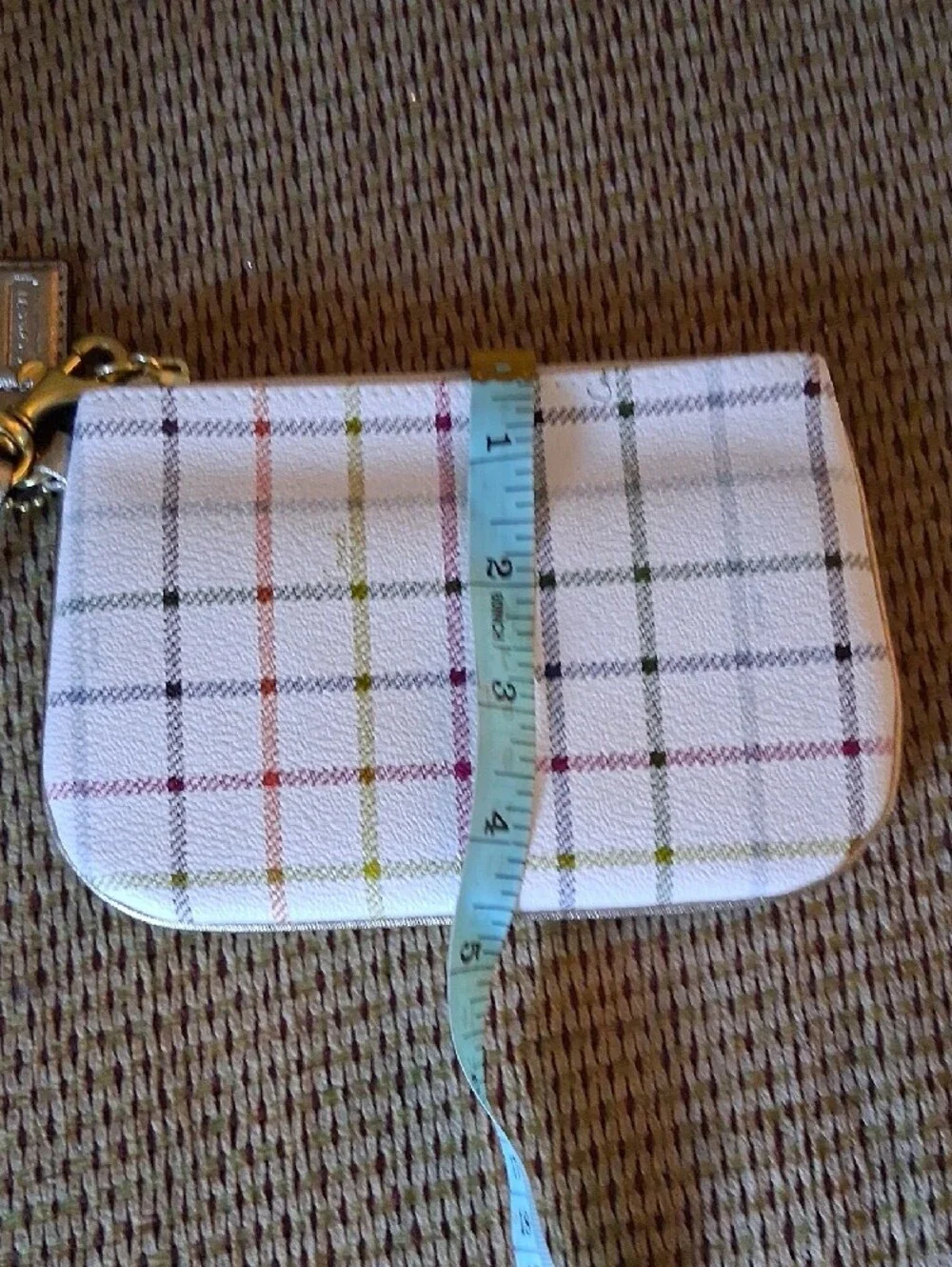 Coach White Plaid Wristlet Phone Case with Multicolor Stripes
